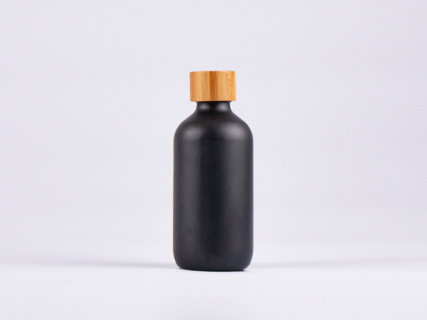 Schwarzglasflasche 250ml, mit Schraubverschluss Bambus