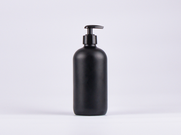 Schwarzglasflasche 500ml, mit Dispenser schwarz/weiss