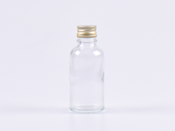Klarglasflasche 30ml, mit Aludeckel silber/gold