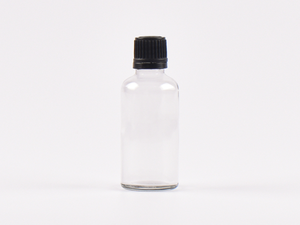 Klarglasflasche 50ml, mit Tropfmontur OV, geriffelt
