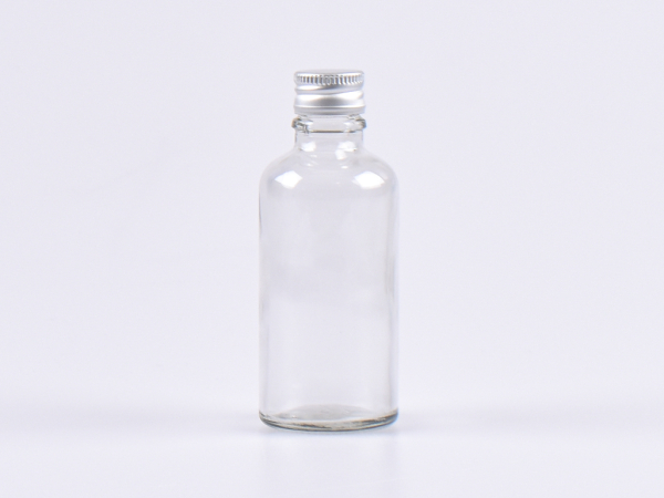 Klarglasflasche 50ml, mit Aludeckel silber/gold