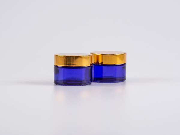 Blauglasdose, 30ml, mit Deckel Gold