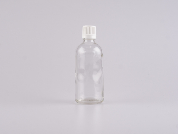 Klarglasflasche 100ml, mit Tropfmontur für Öle, OV-Verschluss, weiss/schwarz