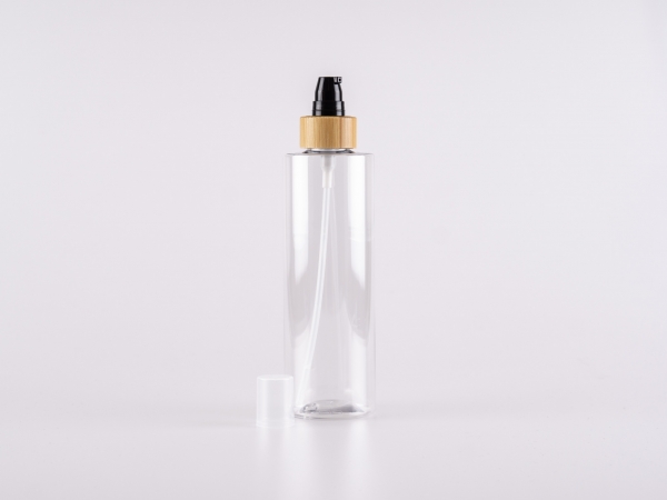 PET Flasche "Sharp" 250ml, mit Lotionspumpe Bambus