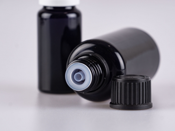 MIRON Violettglasflasche 10ml, mit Tropfmontur OV, für wässrige Lösungen, weiss/schwarz