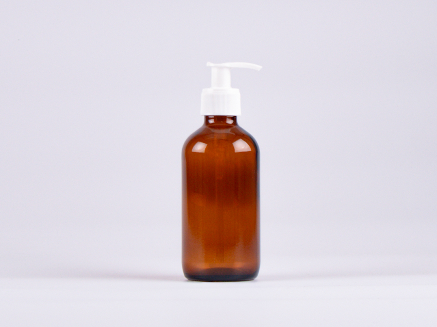 Braunglasflasche 250ml, mit Dispenser schwarz/weiss