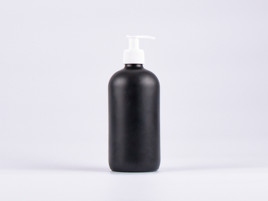 Schwarzglasflasche 500ml, mit Dispenser schwarz/weiss