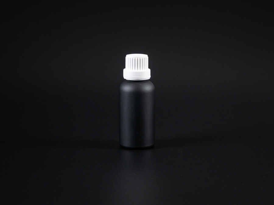 Schwarzglasflasche 30ml, mit Tropfmontur OV für wässrige Lösungen