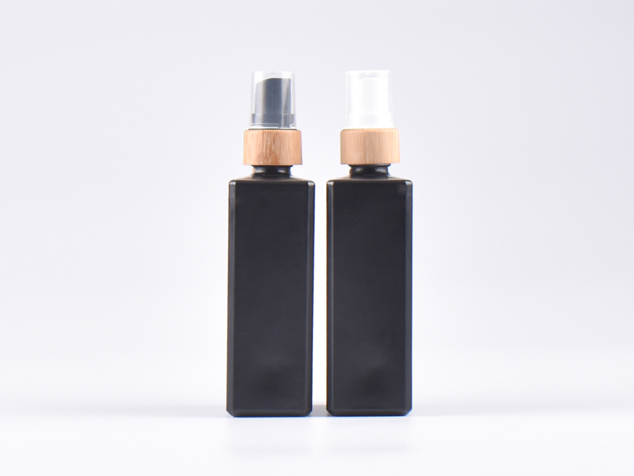 Schwarzglasflasche Miro 100ml - Lotionspumpe Bambus
