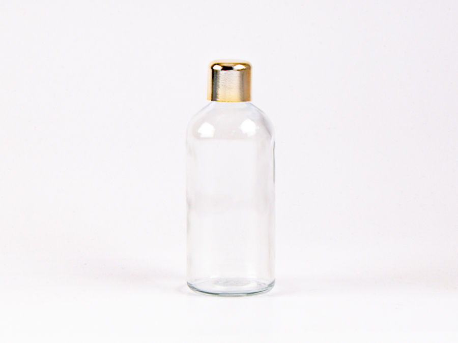 Klarglasflasche 100ml, mit Tropfmontur Gold