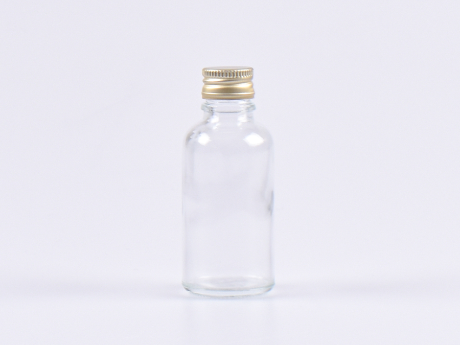 Klarglasflasche 30ml, mit Aludeckel silber/gold