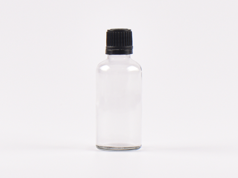 Klarglasflasche 50ml, mit Tropfmontur OV, geriffelt