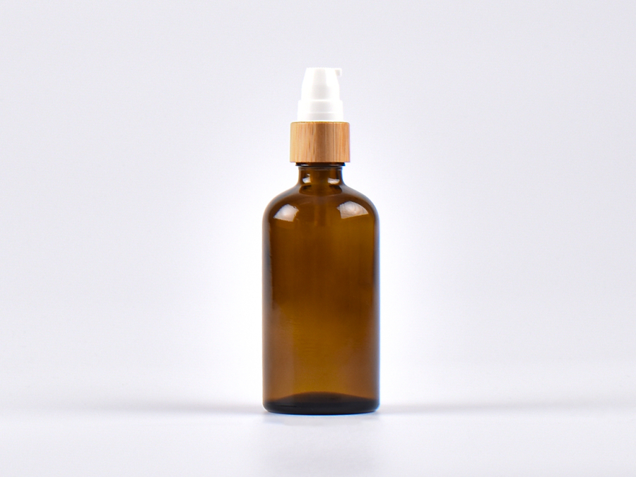 Braunglasflasche 100ml, mit Lotionspumpe Bambus