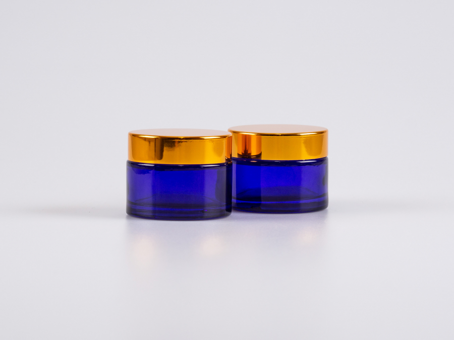 Blauglasdose, 50ml, mit Deckel gold