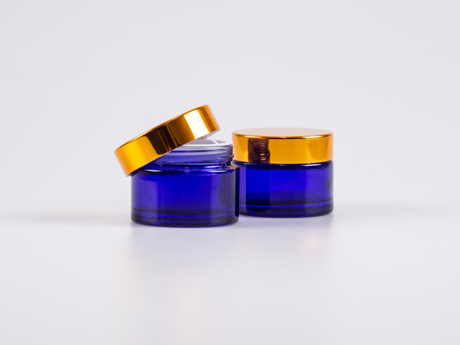 Blauglasdose, 50ml, mit Deckel gold