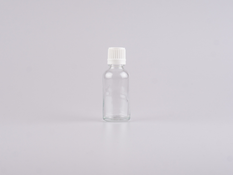 Klarglasflasche 30ml, mit Tropfmontur für Öle, OV-Verschluss, weiss/schwarz