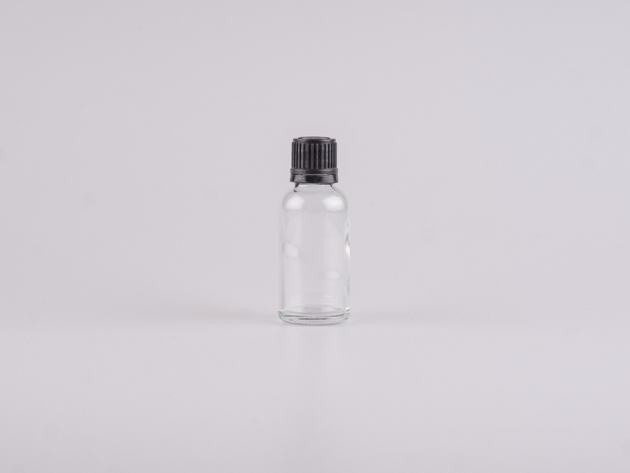 Klarglasflasche 30ml, mit Tropfmontur für wässrige Lösungen, OV-Verschluss, weiss/schwarz