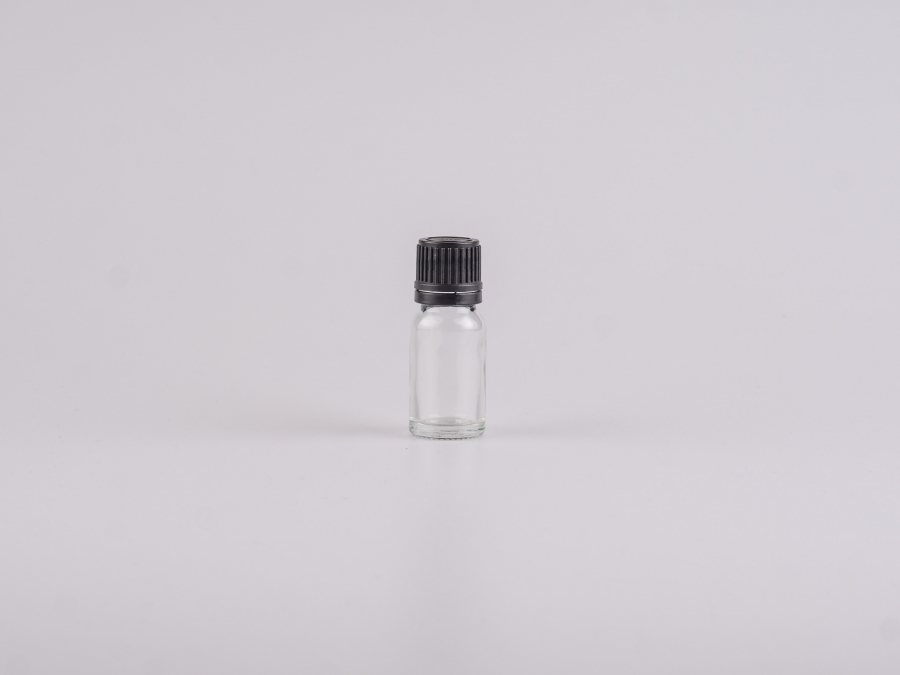 Klarglasflasche 10ml, mit Tropfmontur für Öle, OV-Verschluss, weiss/schwarz
