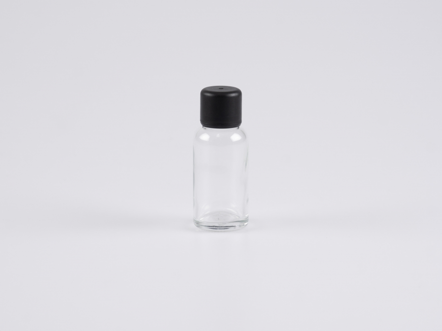 Klarglasflasche 30ml, mit Deckel OV, weiss/schwarz