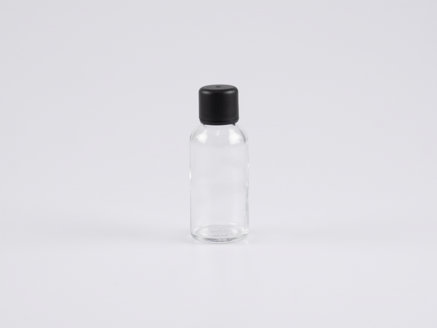 Klarglasflasche 50ml, mit Deckel OV, weiss/schwarz
