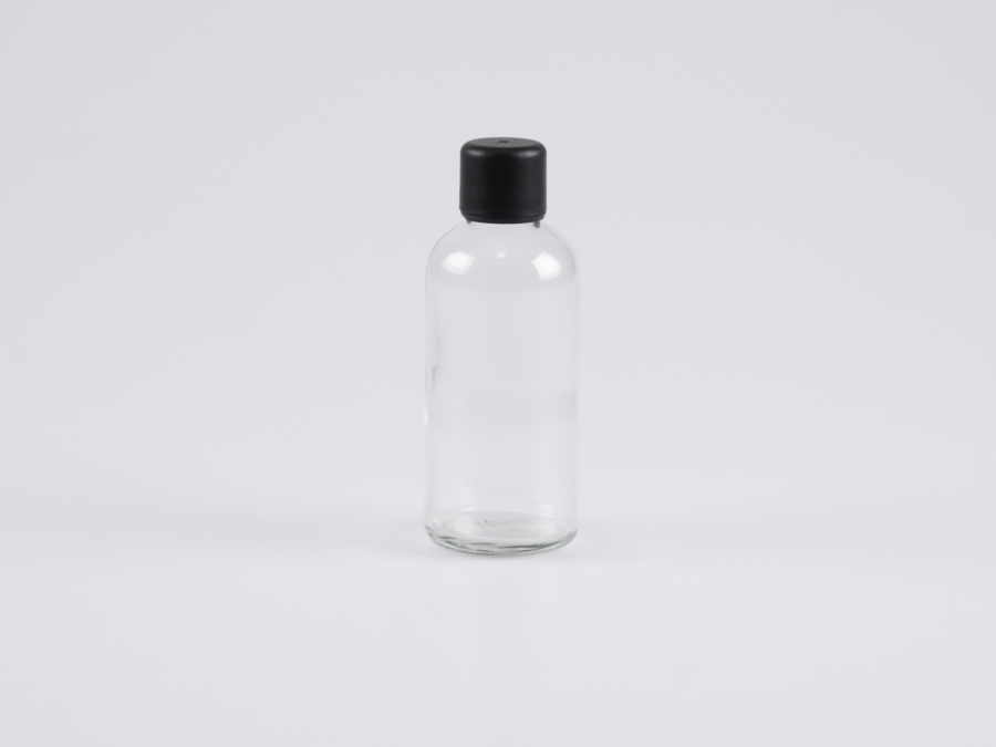 Klarglasflasche 100ml, mit Deckel OV, weiss/schwarz