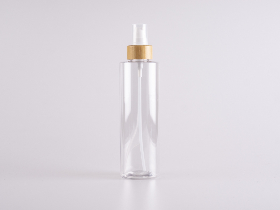 PET Flasche "Sharp" 250ml, mit Lotionspumpe Bambus