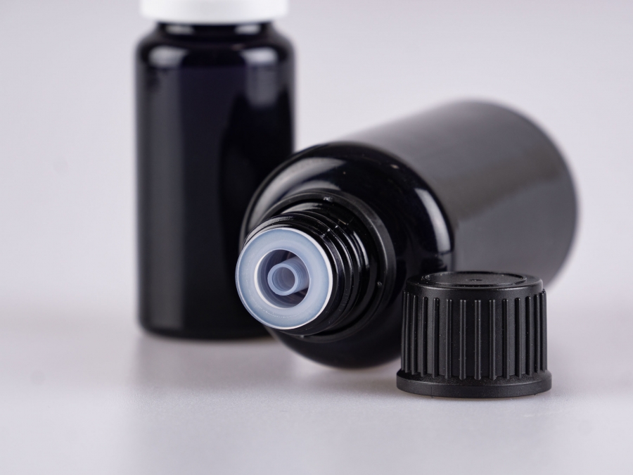 MIRON Violettglasflasche 30ml, mit Tropfmontur OV, für Öle, weiss/schwarz