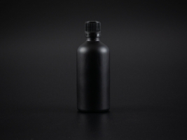 Schwarzglasflasche 100ml, mit Tropfmontur für wässrige Lösungen, OV weiss/schwarz