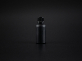 Schwarzglasflasche 50ml, mit Tropfmontur für wässrige Lösungen, OV weiss/schwarz