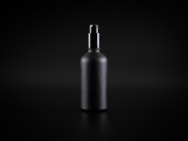 Schwarzglasflasche 100ml, mit Lotionspumpe Aluminium, schwarz