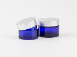 Blauglasdose, 50ml, mit Deckel silber