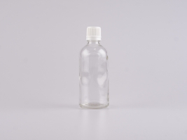 Klarglasflasche 100ml, mit Tropfmontur für wässrige Lösungen, OV-Verschluss, weiss/schwarz