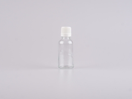 Klarglasflasche 30ml, mit Tropfmontur für wässrige Lösungen, OV-Verschluss, weiss/schwarz