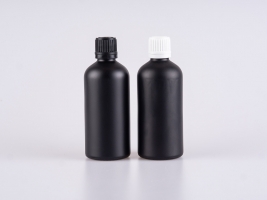 Schwarzglasflasche 100ml, mit Tropfmontur Öle, OV weiss/schwarz