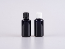 MIRON Violettglasflasche 30ml, mit Tropfmontur OV, für Öle, weiss/schwarz